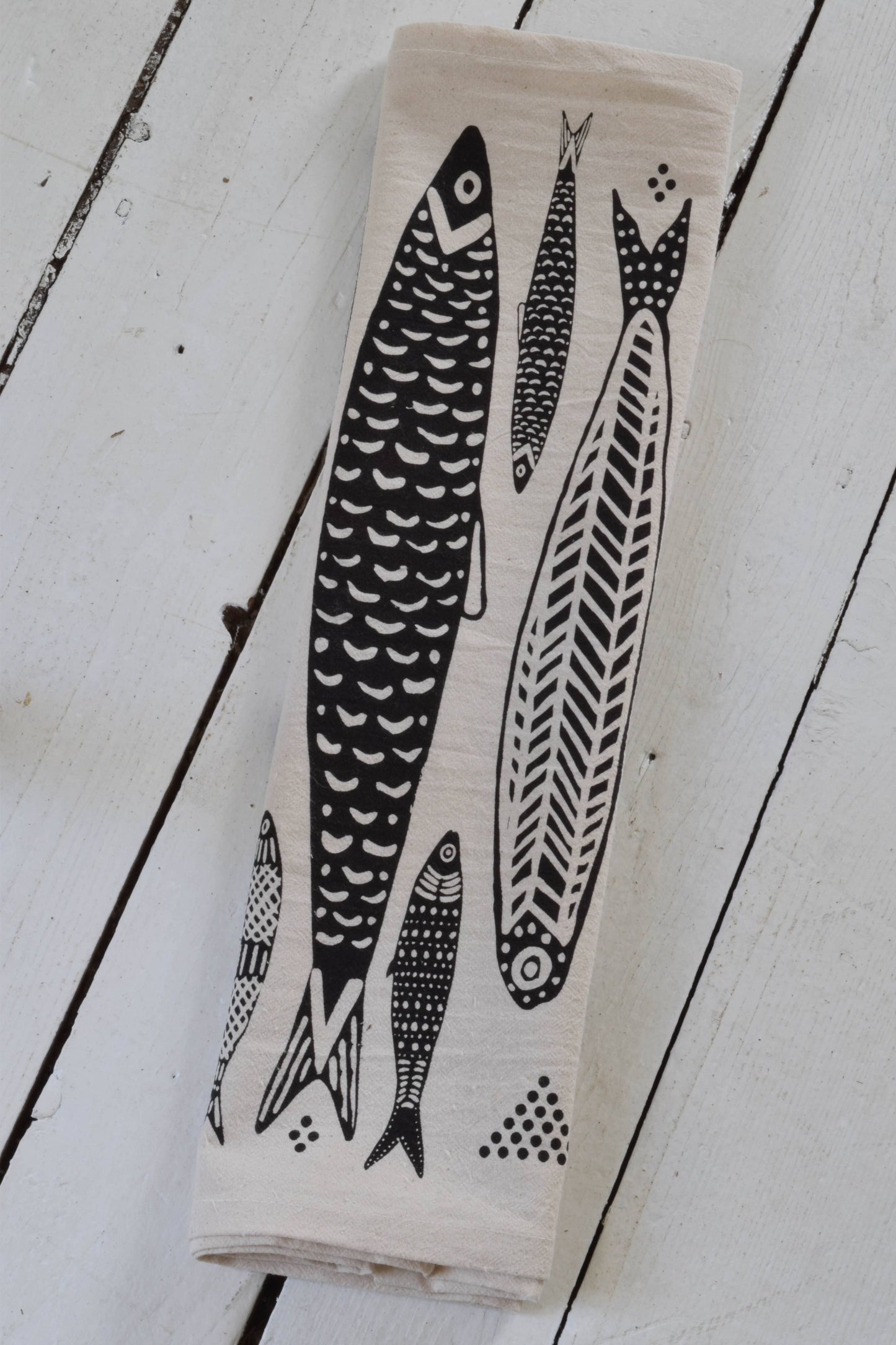 Hearth and Harrow - Sardines Tea Towel in Black - Organic Cotton - Fish Print - PMA Store at the Portland Museum of Art, Maine