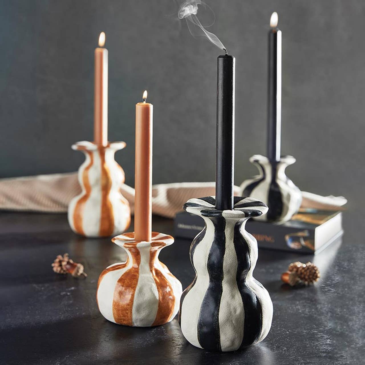 Black Striped Ceramic Candle Holder - Large: Ceramic / 4" Dia x 6.5" H - PMA Store at the Portland Museum of Art, Maine