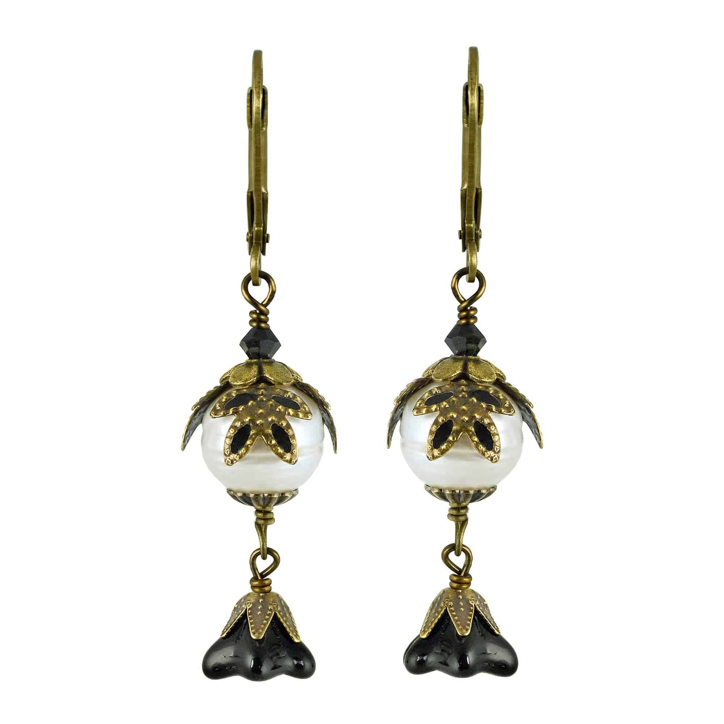 NoMonet - Fairyland: Pearl & Flower Crystal Hand-Painted Drop Earrings: Gold And Black - PMA Store at the Portland Museum of Art, Maine