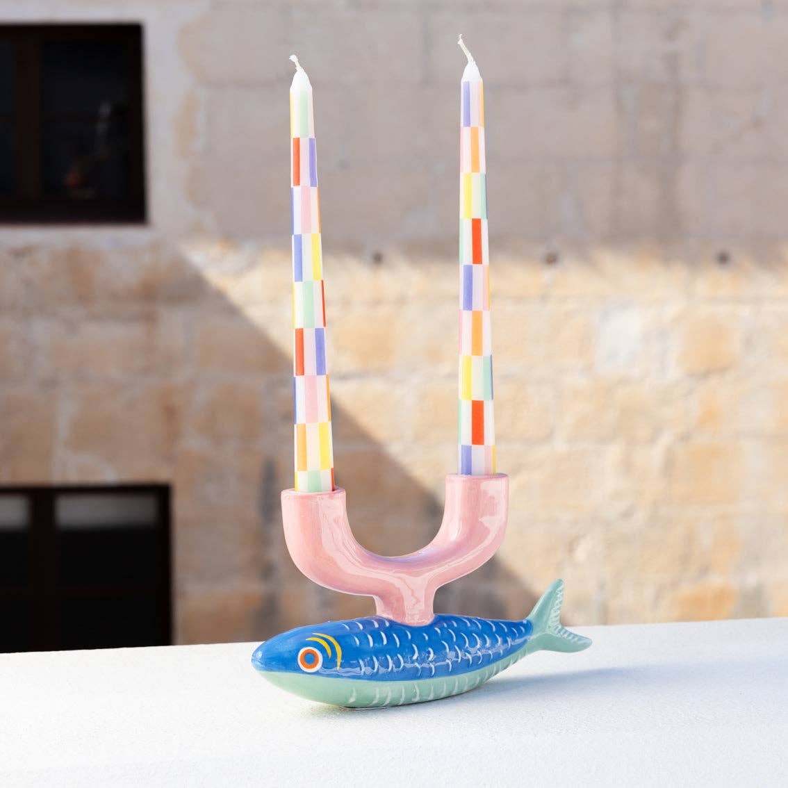 Talking Tables USA - Multi Colored Check Taper Dinner Candles | 2 Pack | Summer | - PMA Store at the Portland Museum of Art, Maine
