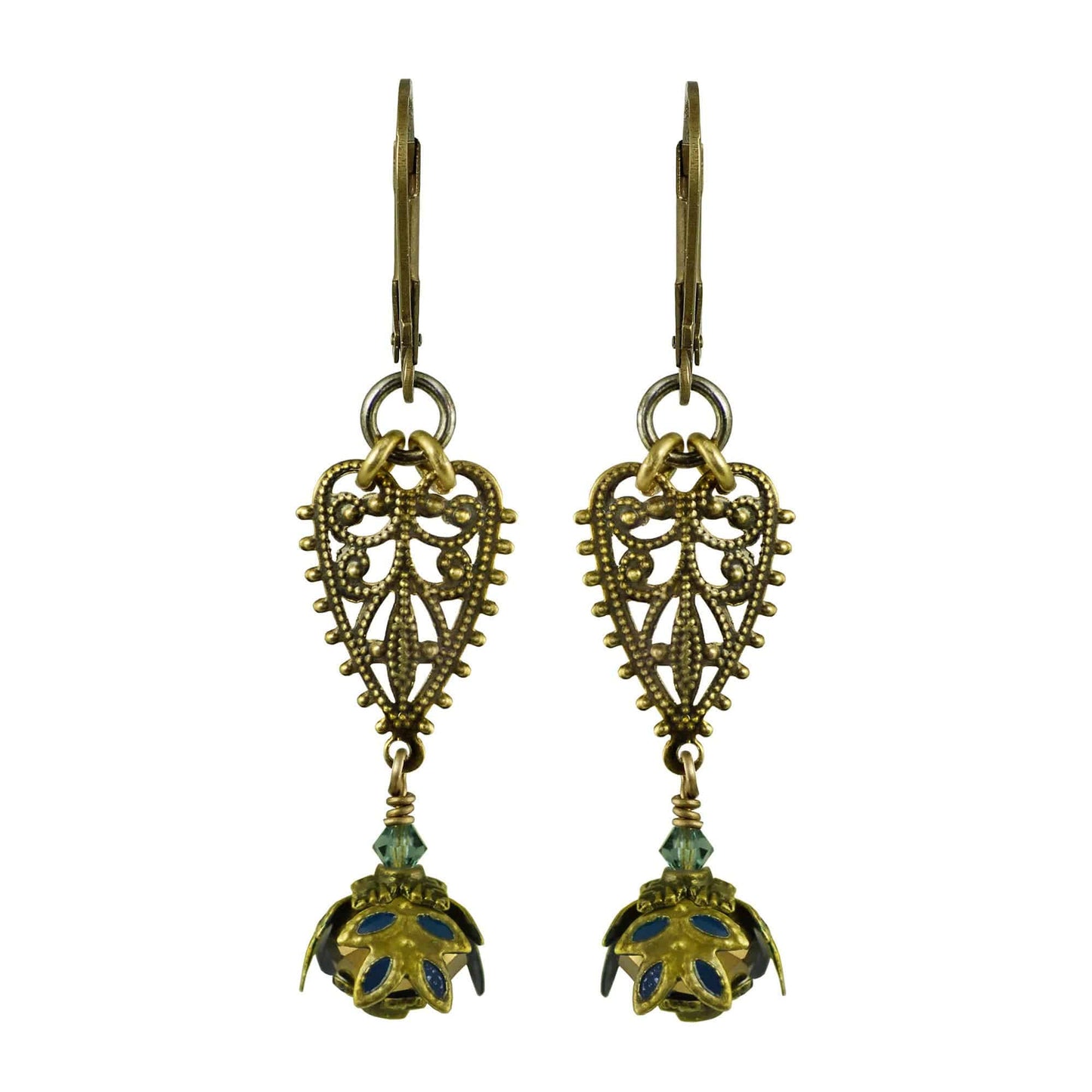 NoMonet - Fairyland: Vintage Filigree Heart Hand Painted Earrings: Verdigris and Turquoise - PMA Store at the Portland Museum of Art, Maine