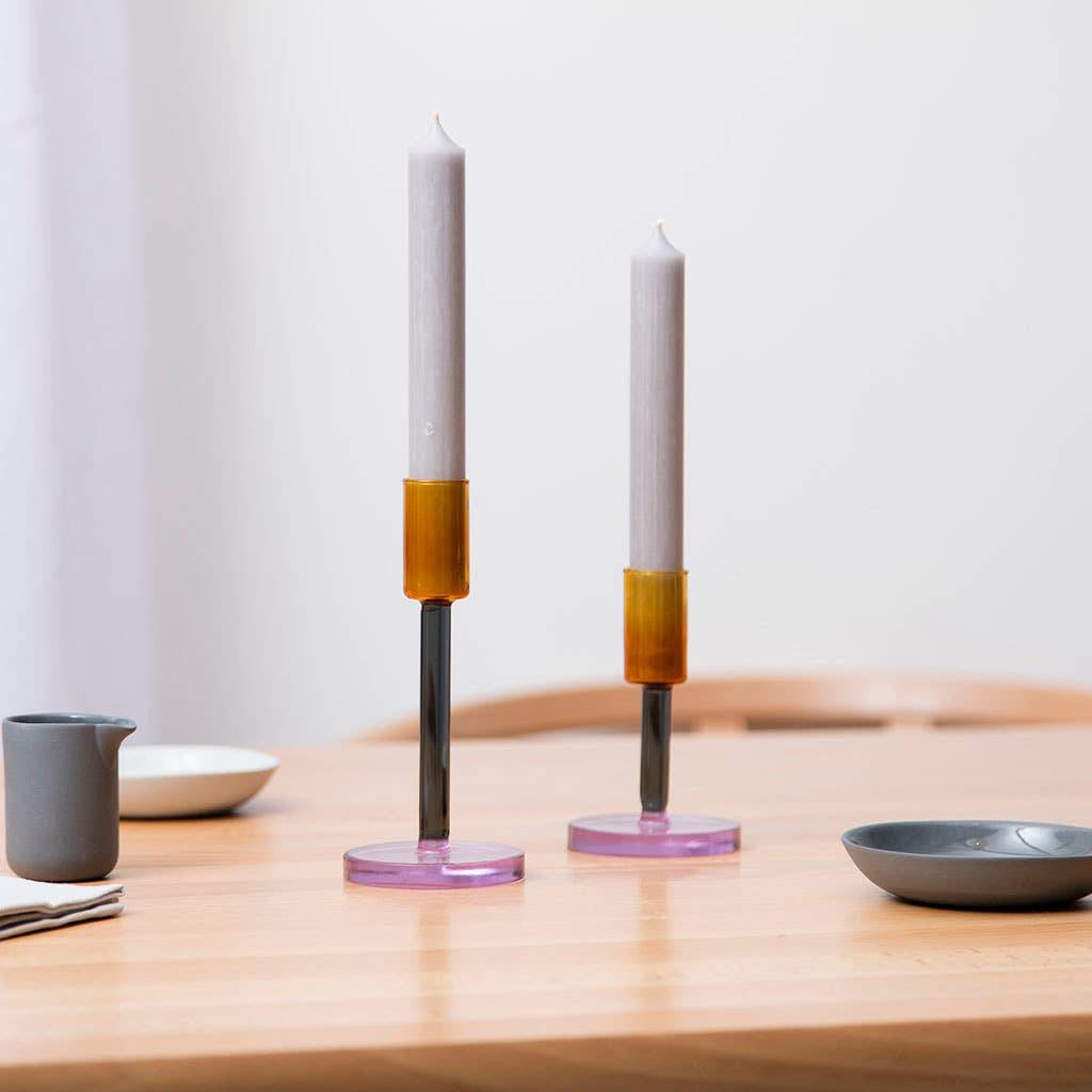Block Design - Glass Candlestick - Medium: Green and Pink - PMA Store at the Portland Museum of Art, Maine