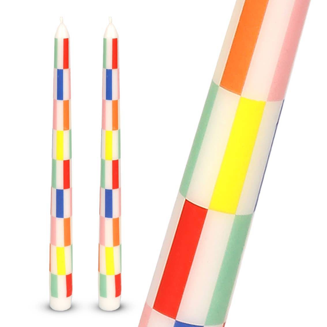 Talking Tables USA - Multi Colored Check Taper Dinner Candles | 2 Pack | Summer | - PMA Store at the Portland Museum of Art, Maine