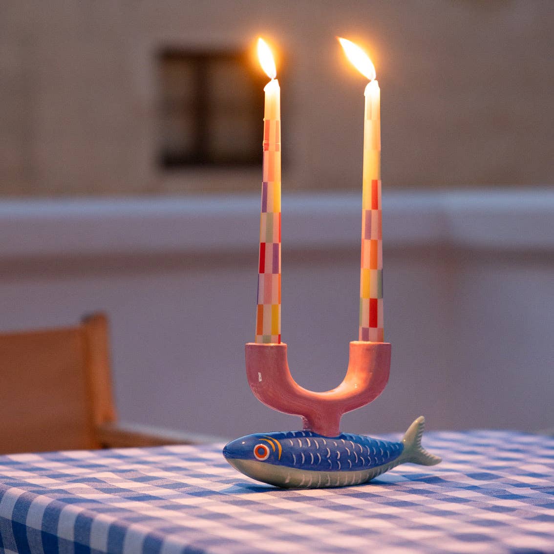 Talking Tables USA - Multi Colored Check Taper Dinner Candles | 2 Pack | Summer | - PMA Store at the Portland Museum of Art, Maine
