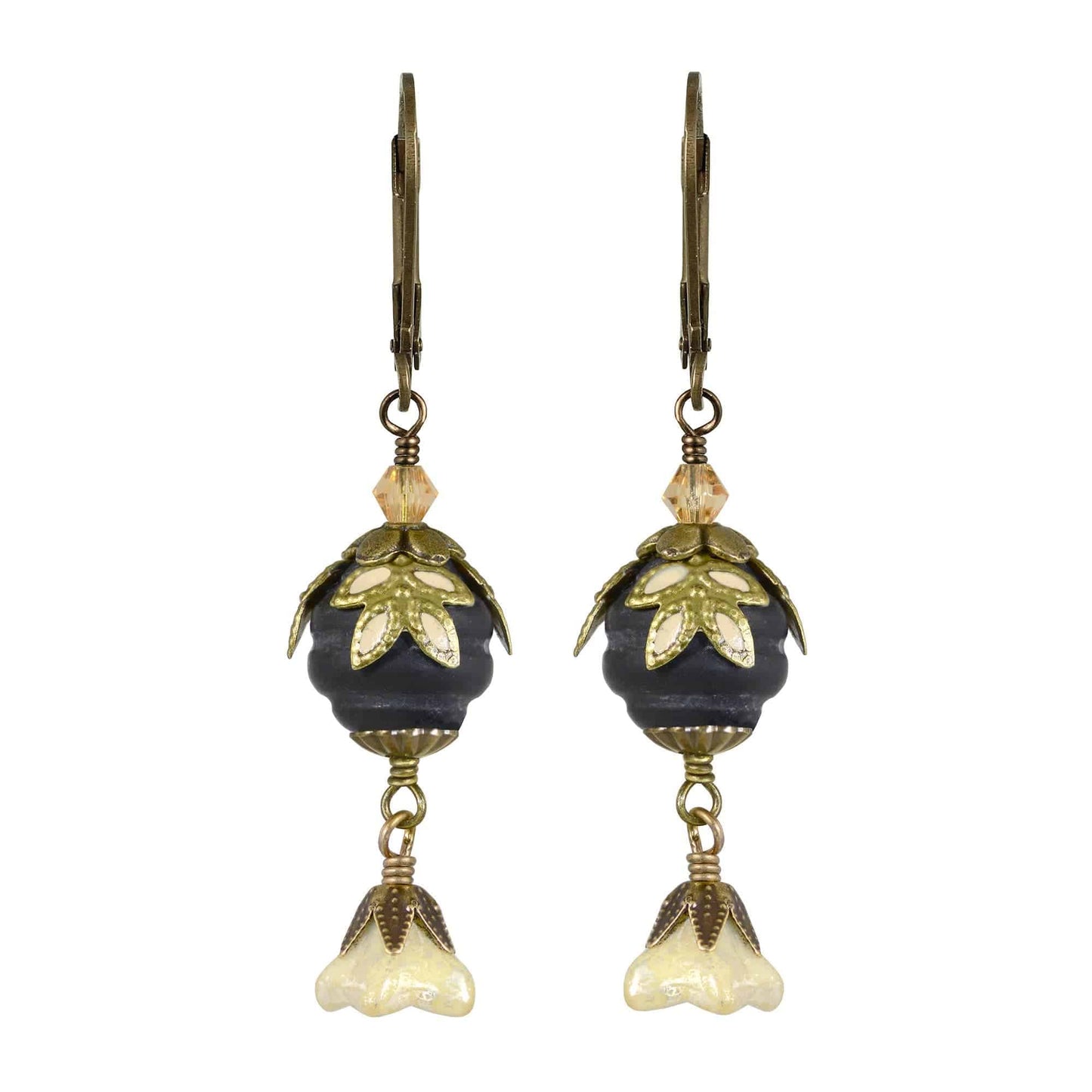 NoMonet - Fairyland: Pearl & Flower Crystal Hand-Painted Drop Earrings: Gold And Black - PMA Store at the Portland Museum of Art, Maine