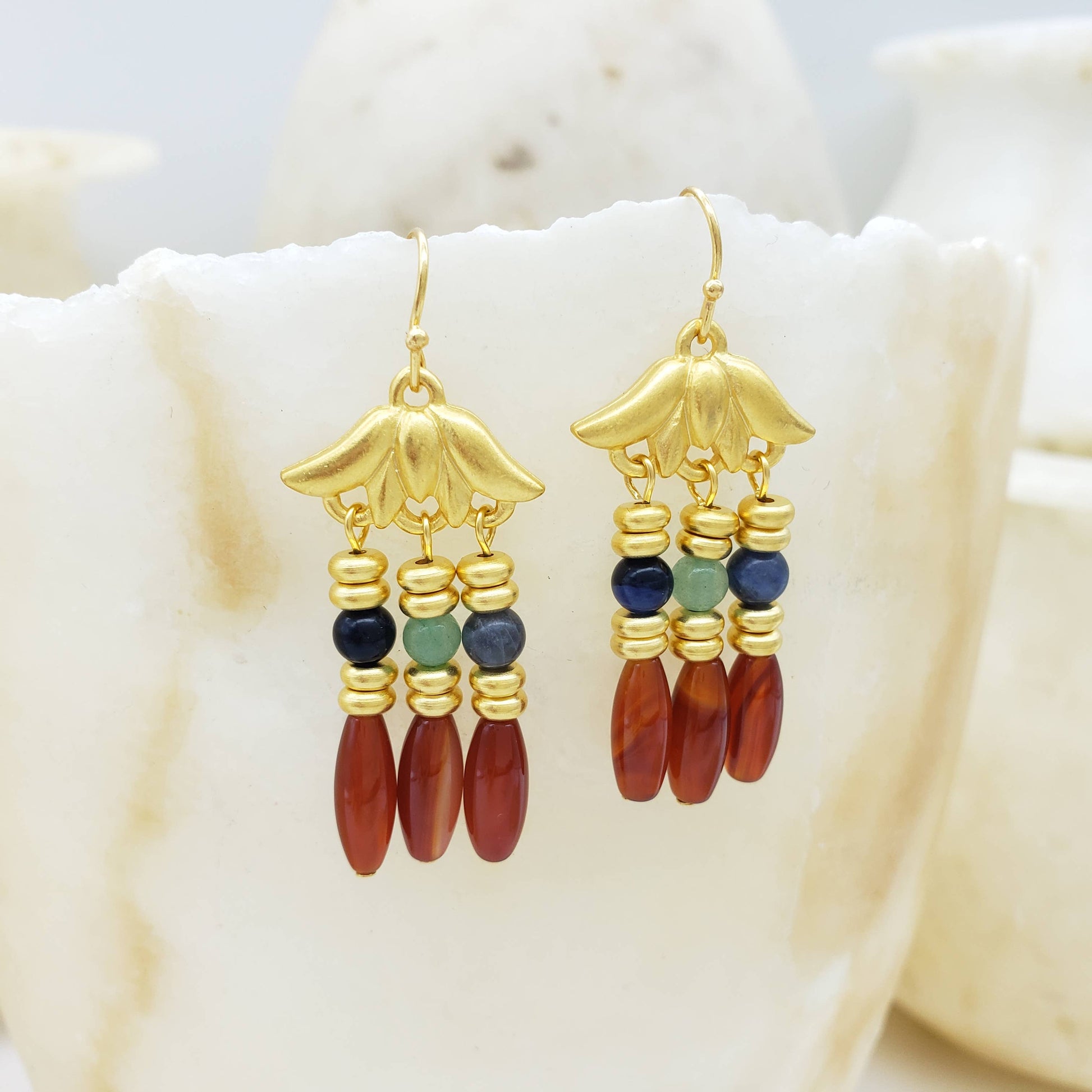 Lotus Triple Drop Gemstone Earrings - Egyptian Inspired - PMA Store at the Portland Museum of Art, Maine