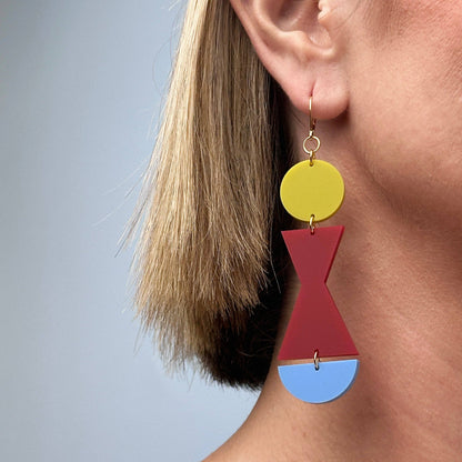 Combinist Goods - Abstract Shape Dangle Earrings: Frost Cobalt Blue + Dark Green + Hot Pink / Gold