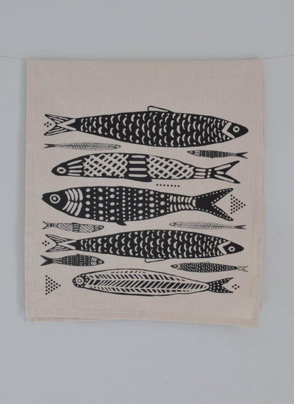 Hearth and Harrow - Sardines Tea Towel in Black - Organic Cotton - Fish Print - PMA Store at the Portland Museum of Art, Maine