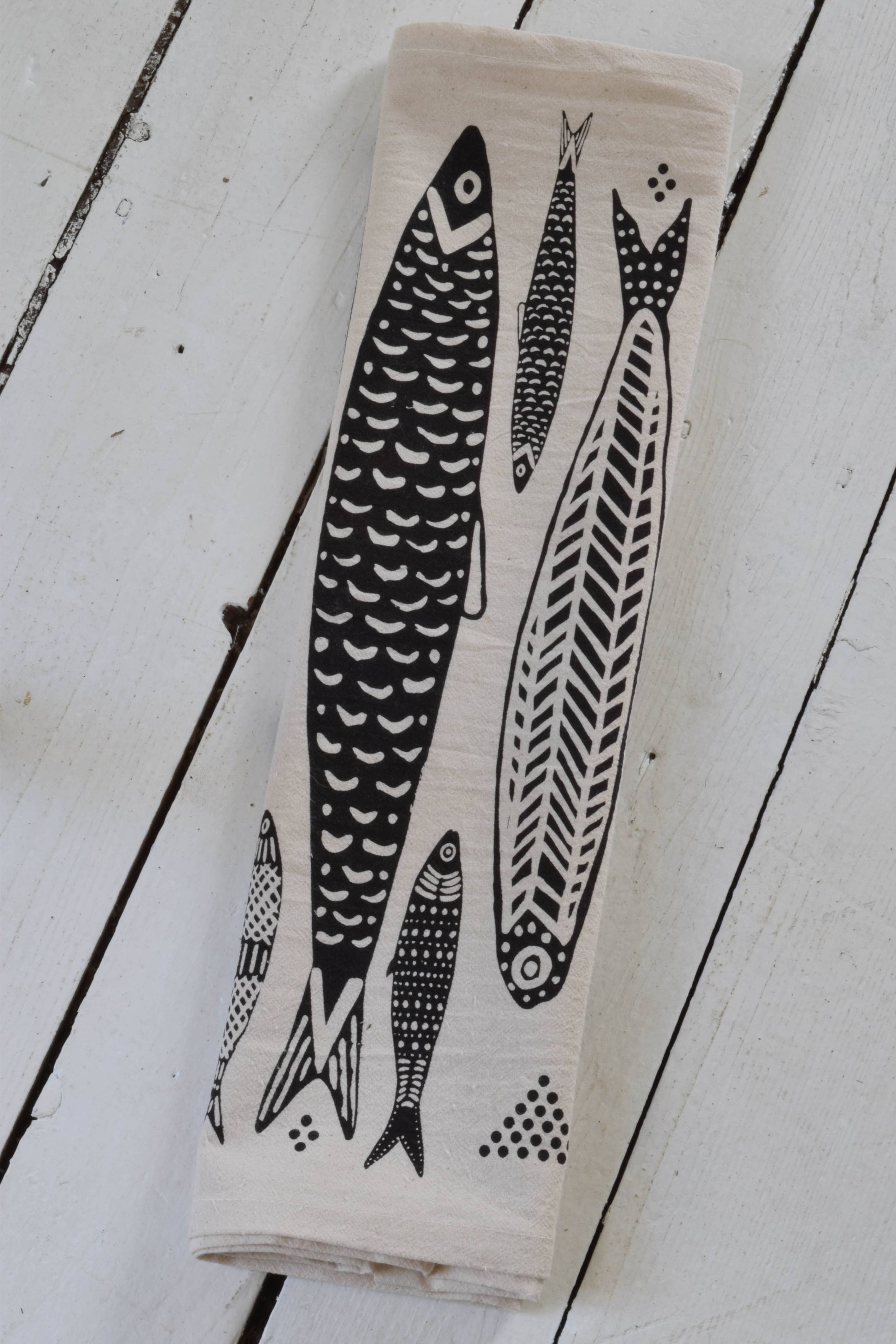 Hearth and Harrow - Sardines Tea Towel in Black - Organic Cotton - Fish Print - PMA Store at the Portland Museum of Art, Maine