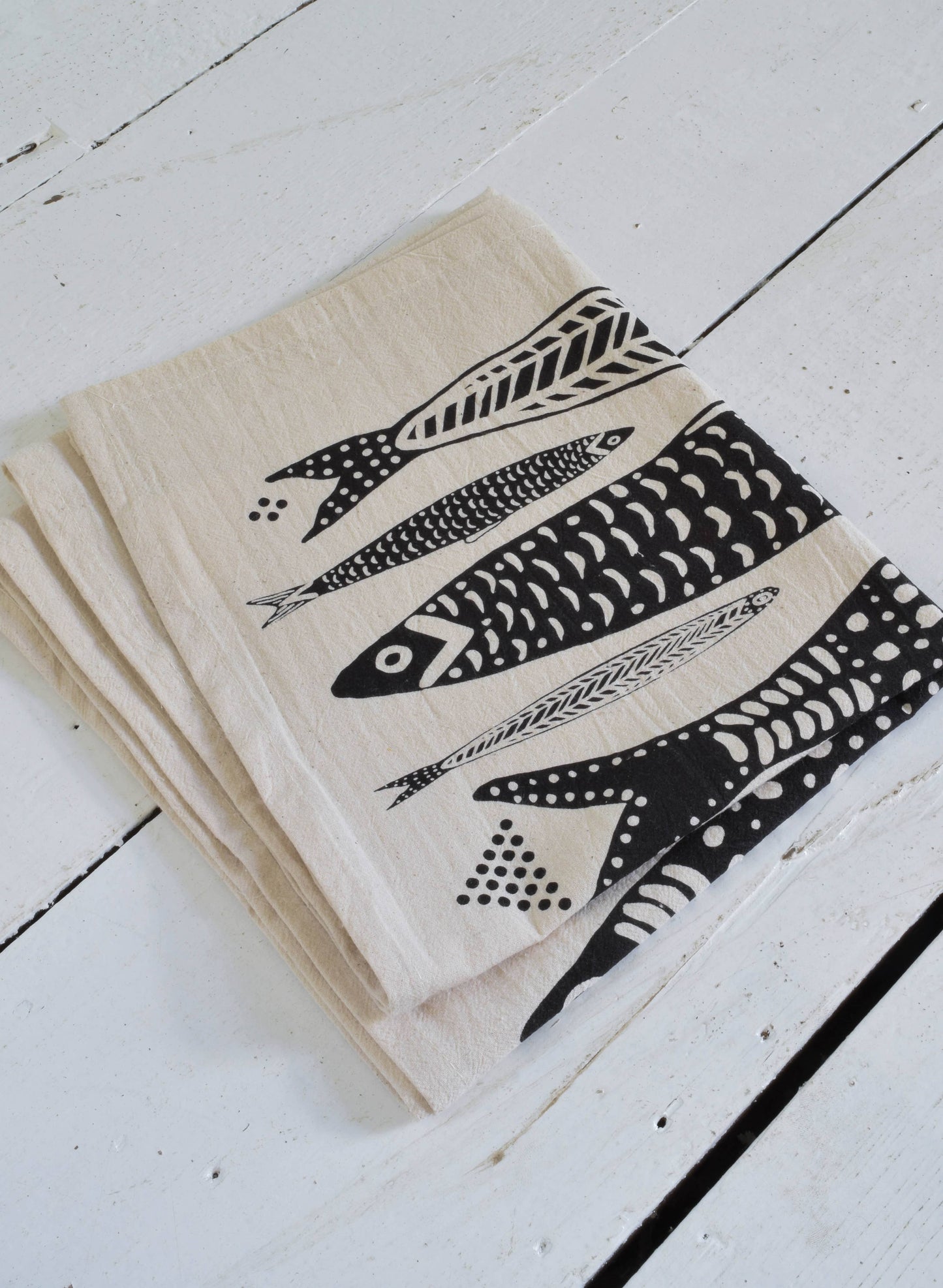 Hearth and Harrow - Sardines Tea Towel in Black - Organic Cotton - Fish Print - PMA Store at the Portland Museum of Art, Maine