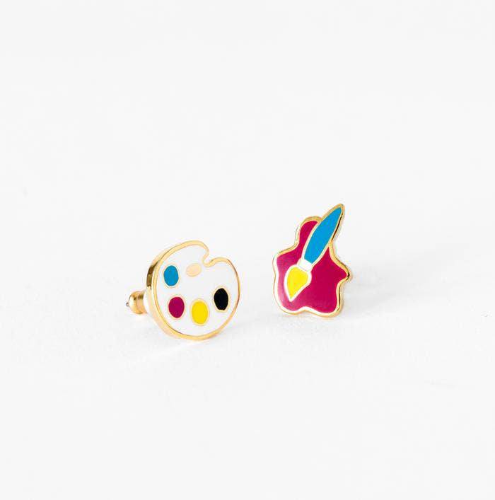 Yellow Owl Workshop - Paint Brush & Palette Earrings - Gold Artsy Statement Studs - PMA Store at the Portland Museum of Art, Maine