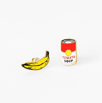 Yellow Owl Workshop - Pop Art Banana and Soup Earrings - Gold Museum Artsy Studs - PMA Store at the Portland Museum of Art, Maine