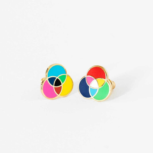 Yellow Owl Workshop - RGB and CMYK Earrings - Gold Colorful Artist Statement Studs - PMA Store at the Portland Museum of Art, Maine