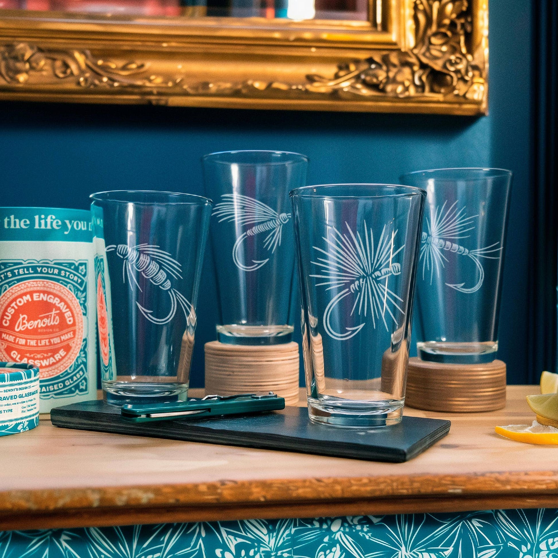 Benoit's Design Co. - Fly Fishing Flies Drinking Glasses (Set of 4): Set of 4 / Pint ~16 oz - PMA Store at the Portland Museum of Art, Maine