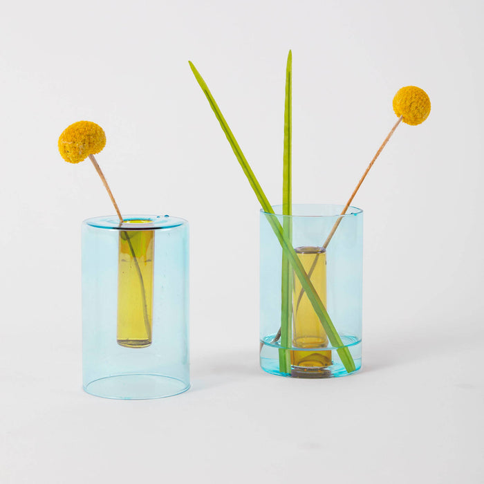 Block Design - Reversible Glass Vase - Small: Blue/Yellow