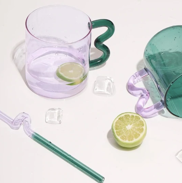 IVORE.GROUP (We cover All Import duty) - Colorful Ear Glass Mug: Purple with Green Handle - PMA Store at the Portland Museum of Art, Maine