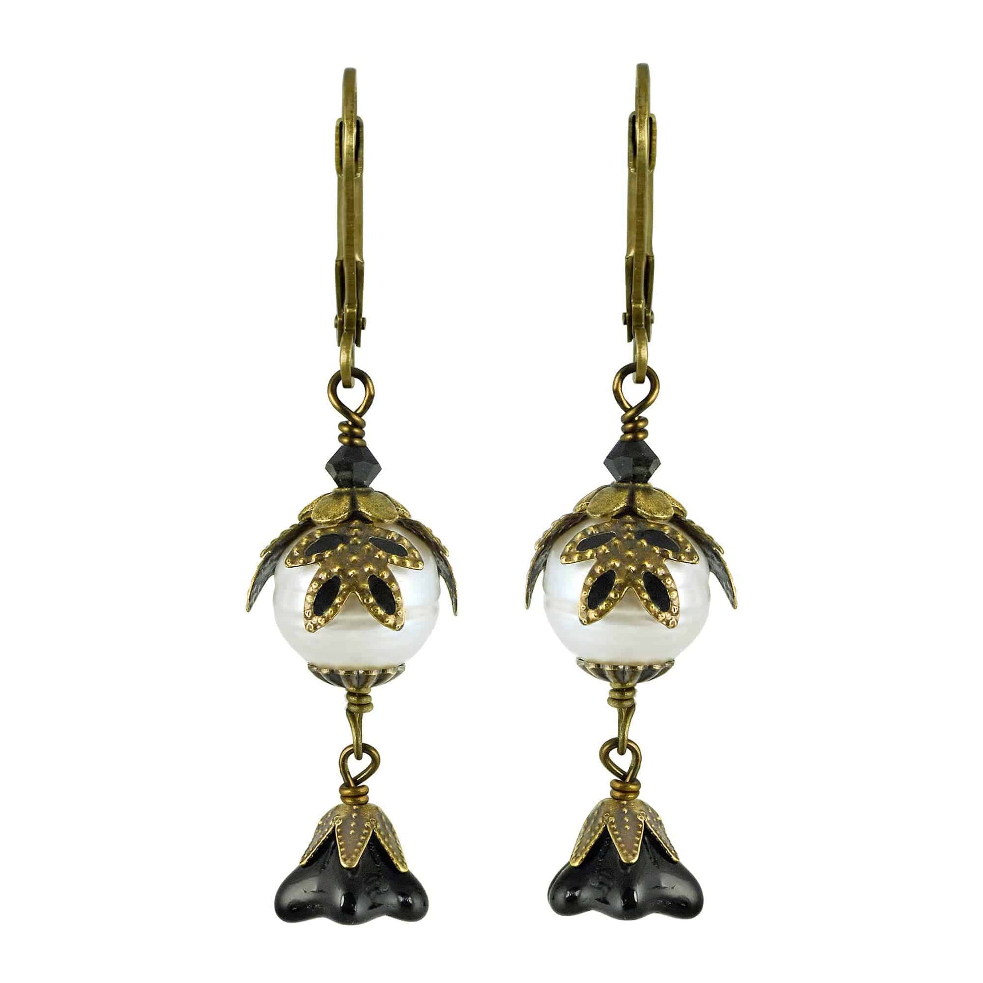 NoMonet - Fairyland: Pearl & Flower Crystal Hand-Painted Drop Earrings: Gold And Black - PMA Store at the Portland Museum of Art, Maine