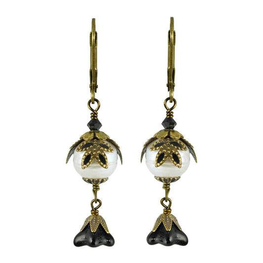 NoMonet - Fairyland: Pearl & Flower Crystal Hand-Painted Drop Earrings: Gold And Black - PMA Store at the Portland Museum of Art, Maine