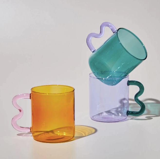 IVORE.GROUP (We cover All Import duty) - Colorful Ear Glass Mug: Amber with Pink Handle - PMA Store at the Portland Museum of Art, Maine