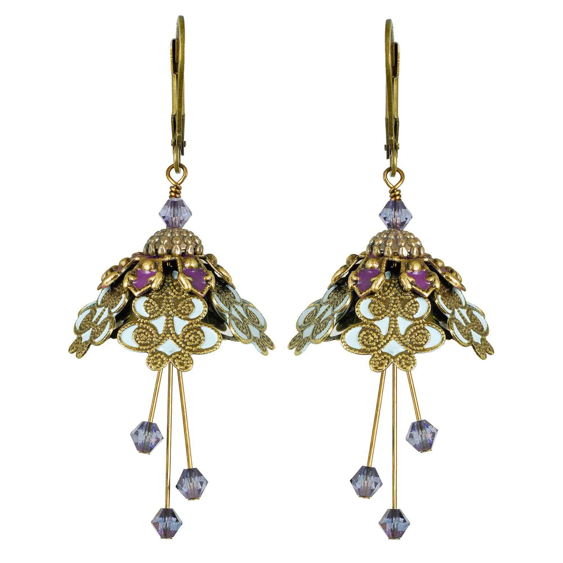 NoMonet - Flower Fairy: Painted Intricate Swirl Earrings w Crystals: Gold/Baby Blue/Plum - PMA Store at the Portland Museum of Art, Maine