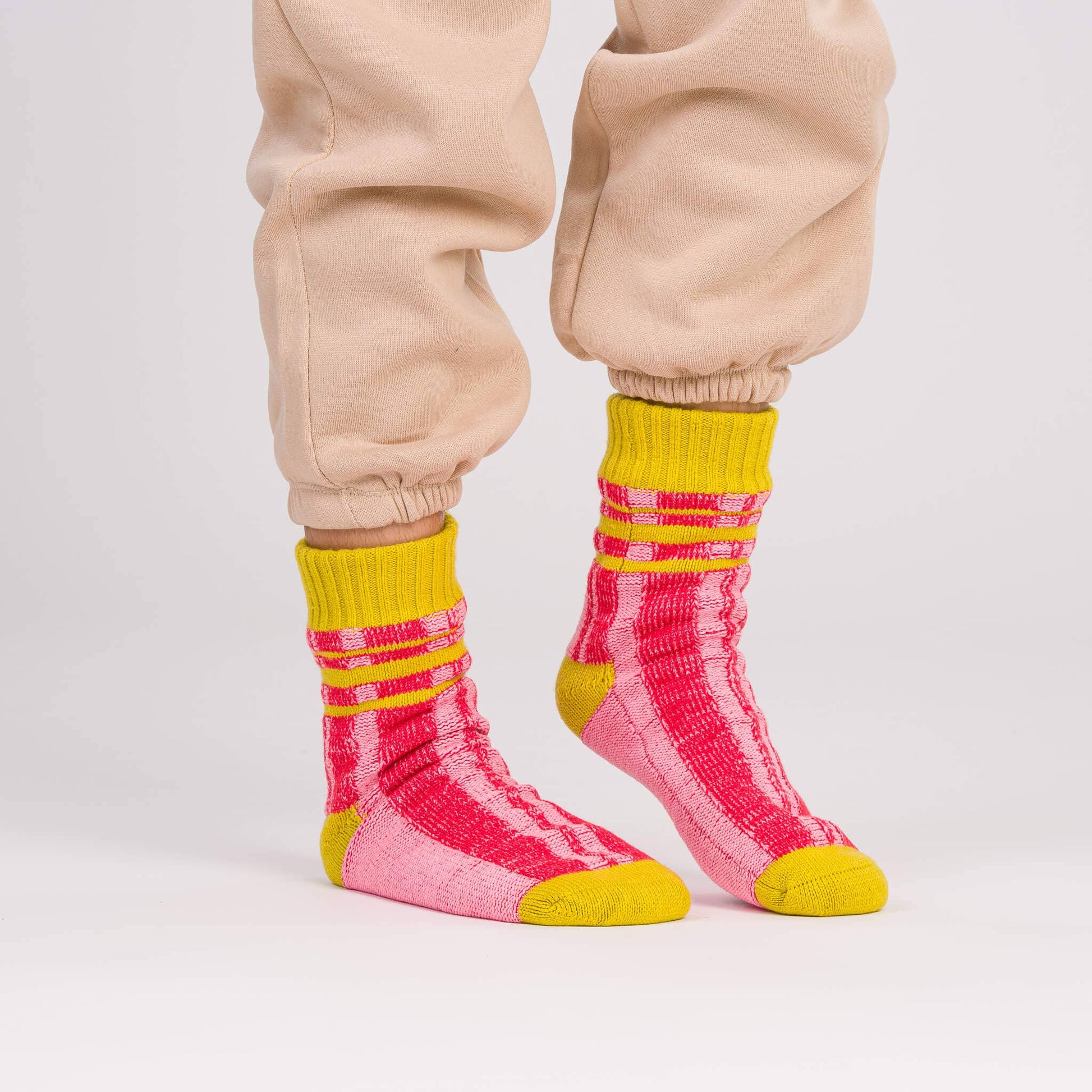 Plaid Stripe House Socks: Pink Red / S/M - W 6-9<br>M 5-7.5 - PMA Store at the Portland Museum of Art, Maine