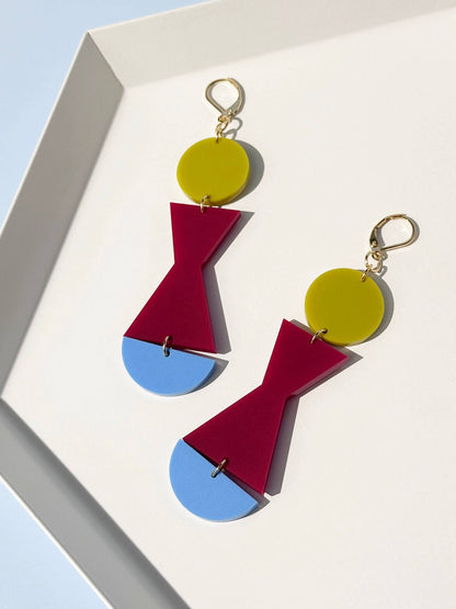 Combinist Goods - Abstract Shape Dangle Earrings: Frost Cobalt Blue + Dark Green + Hot Pink / Gold