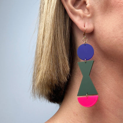 Combinist Goods - Abstract Shape Dangle Earrings: Frost Cobalt Blue + Dark Green + Hot Pink / Gold