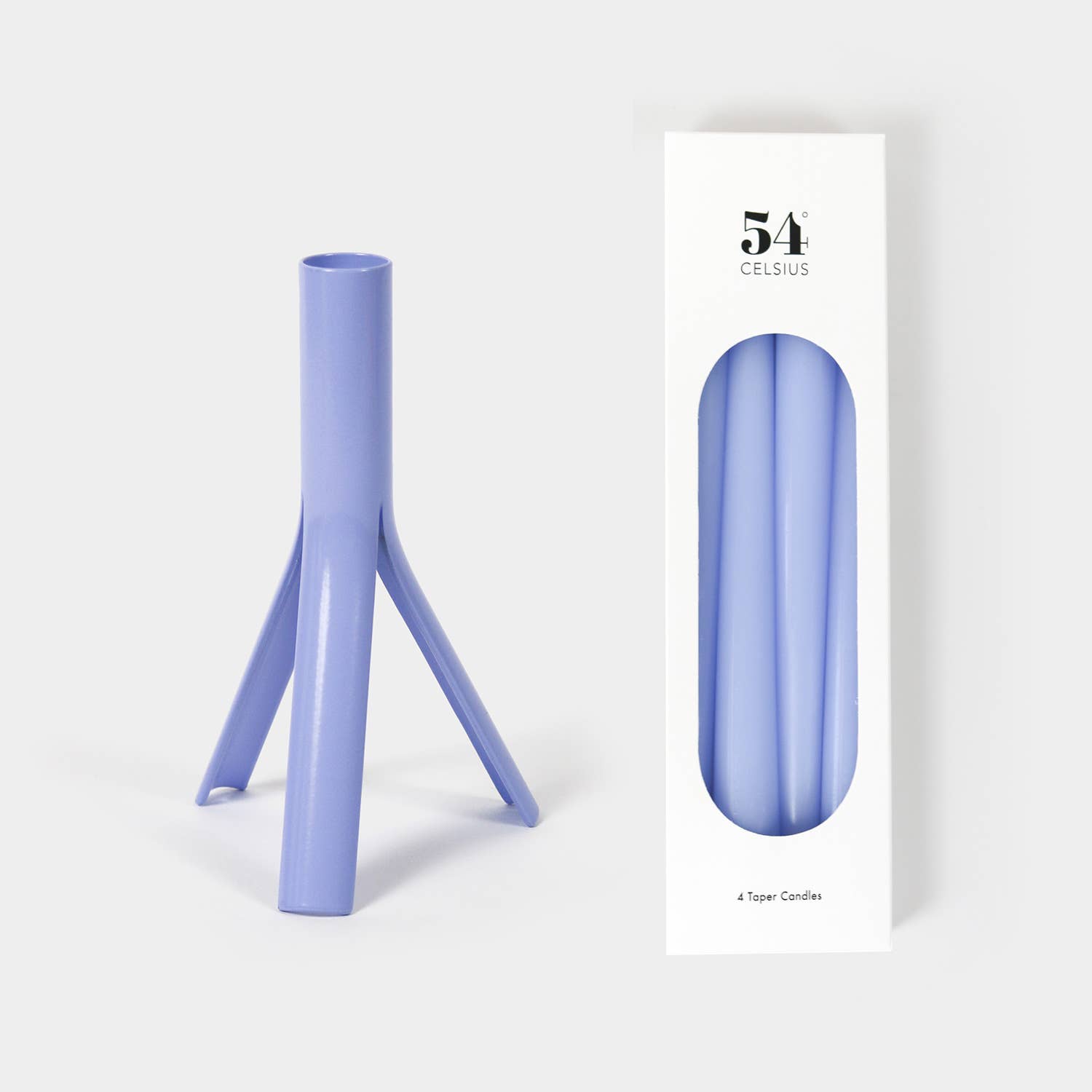 54 Celsius - Taper Candles (4 Pack) + Steel Rocket Holder, Lavender - PMA Store at the Portland Museum of Art, Maine