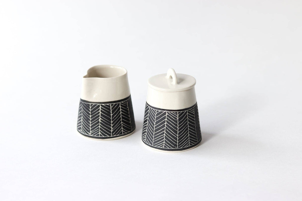 Elizabeth Benotti Ceramics - Herringbone Creamer + Sugar Set: Black - PMA Store at the Portland Museum of Art, Maine