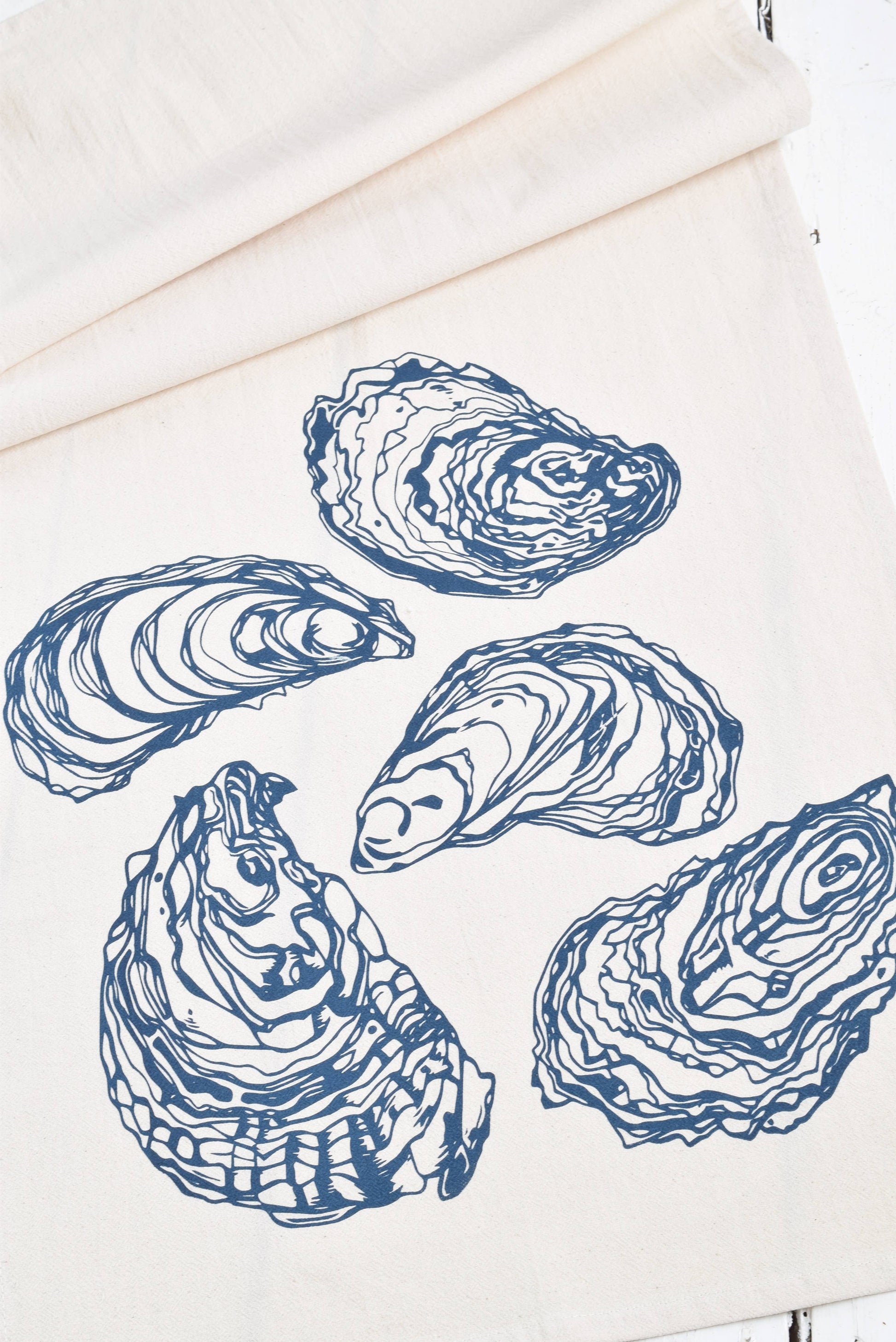 Hearth and Harrow - Oyster Tea Towel in Navy Blue - Organic Cotton - Sea Shell - PMA Store at the Portland Museum of Art, Maine