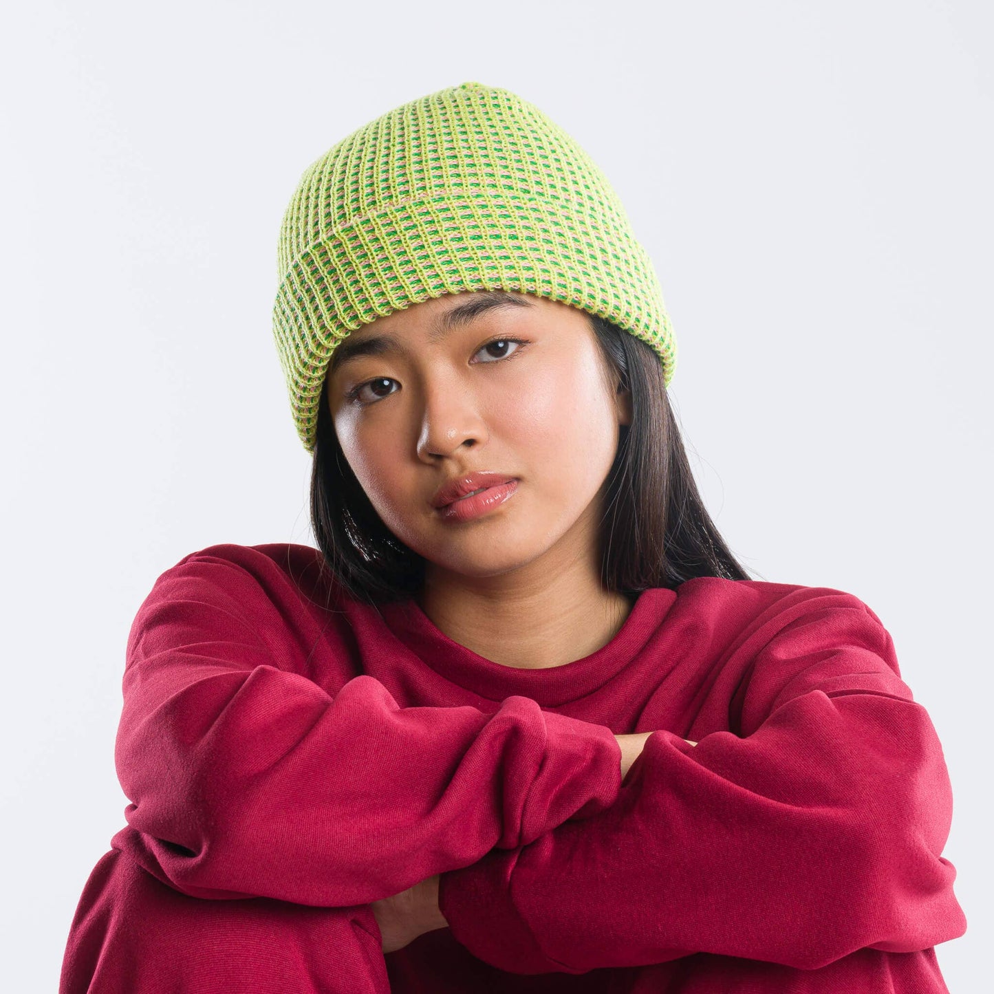 Simple Grid Knit Beanie: Lime Pink - PMA Store at the Portland Museum of Art, Maine