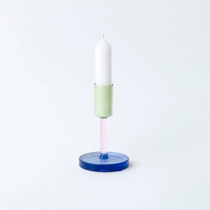 Block Design - Glass Candlestick - Medium: Green and Pink - PMA Store at the Portland Museum of Art, Maine