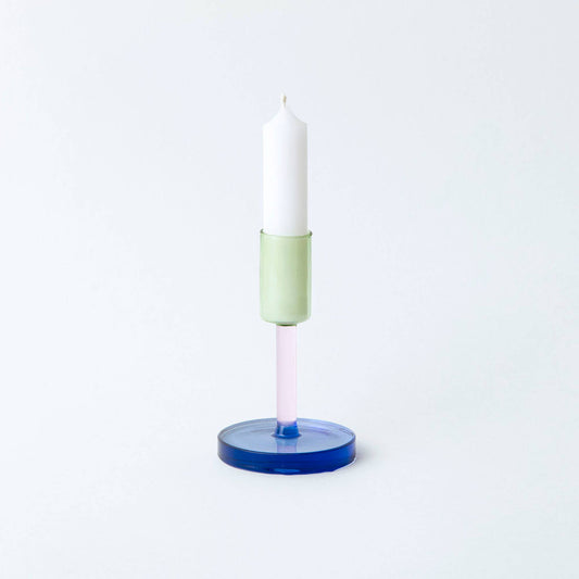 Block Design - Glass Candlestick - Medium: Green and Pink - PMA Store at the Portland Museum of Art, Maine
