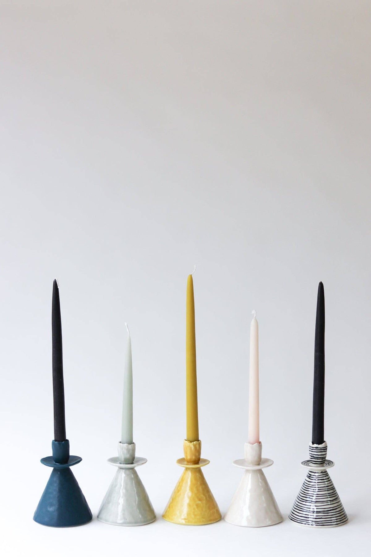 Elizabeth Benotti Ceramics - Everyday Pinched Candlestick Holder: Striped / Tall - PMA Store at the Portland Museum of Art, Maine