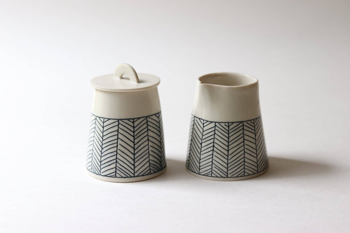 Elizabeth Benotti Ceramics - Herringbone Creamer + Sugar Set: White - PMA Store at the Portland Museum of Art, Maine