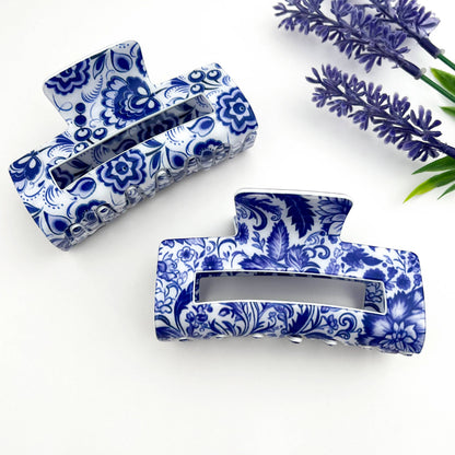 mildstyles - 🏺 Blue & White Porcelain Hair Claw – Cutout Rectangle Clip: B