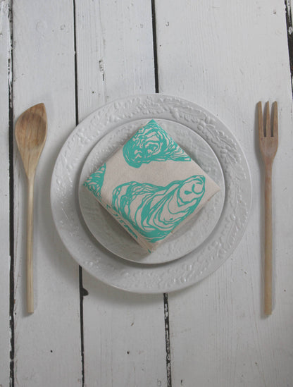 Hearth and Harrow - Set of 4 Organic Cotton Oyster Napkins - Oysters - Nautical: Mint green