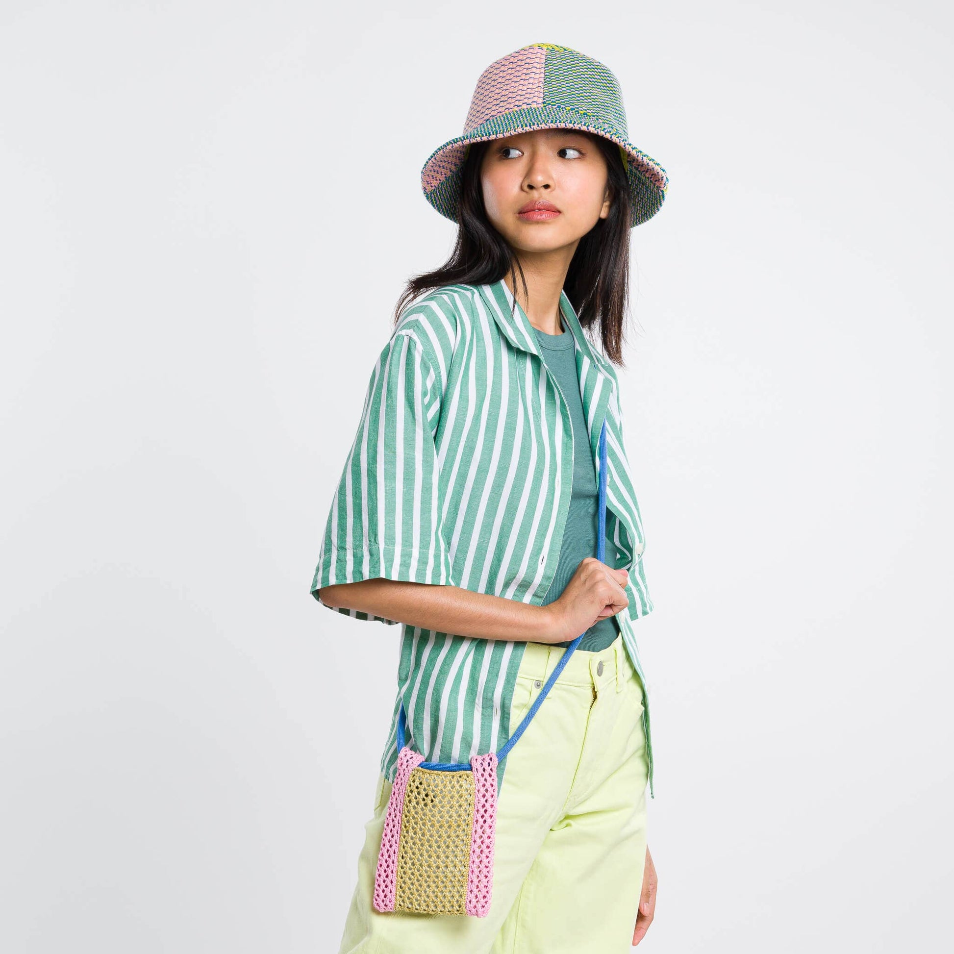 Raffia Phone Sling: Golden Olive Pink - PMA Store at the Portland Museum of Art, Maine