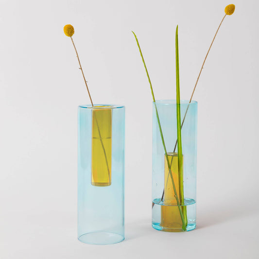Block Design - Reversible Glass Vase - Large: Blue/Yellow - PMA Store at the Portland Museum of Art, Maine