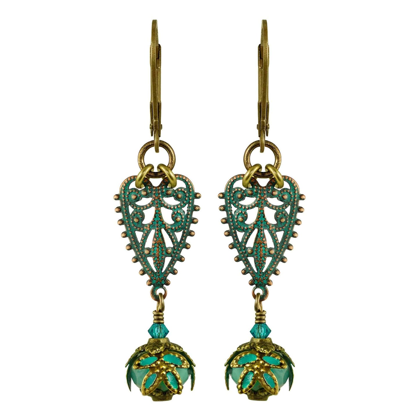 NoMonet - Fairyland: Vintage Filigree Heart Hand Painted Earrings: Verdigris and Turquoise - PMA Store at the Portland Museum of Art, Maine