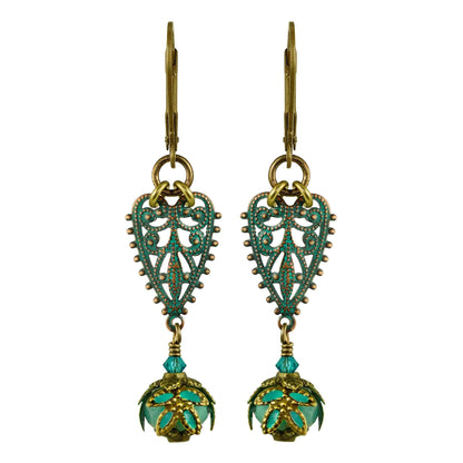 NoMonet - Fairyland: Vintage Filigree Heart Hand Painted Earrings: Verdigris and Turquoise - PMA Store at the Portland Museum of Art, Maine