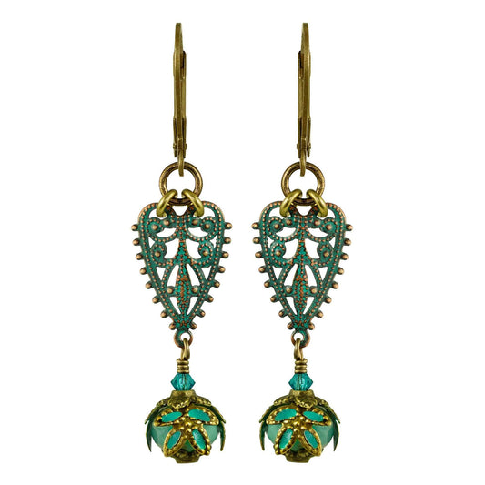 NoMonet - Fairyland: Vintage Filigree Heart Hand Painted Earrings: Verdigris and Turquoise - PMA Store at the Portland Museum of Art, Maine