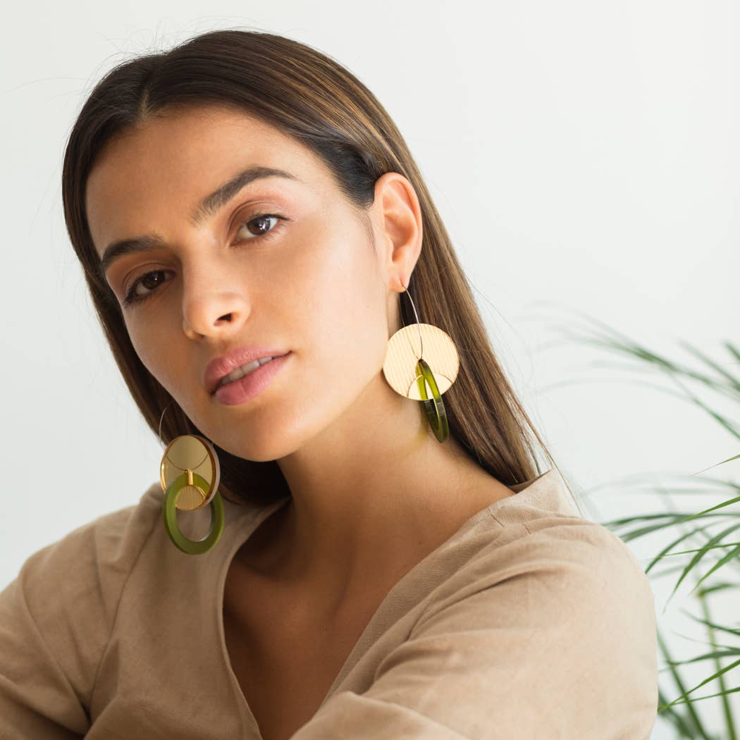 Primario Earrings - Reversible: Gold Mirror and Beige, translucent Olive - PMA Store at the Portland Museum of Art, Maine