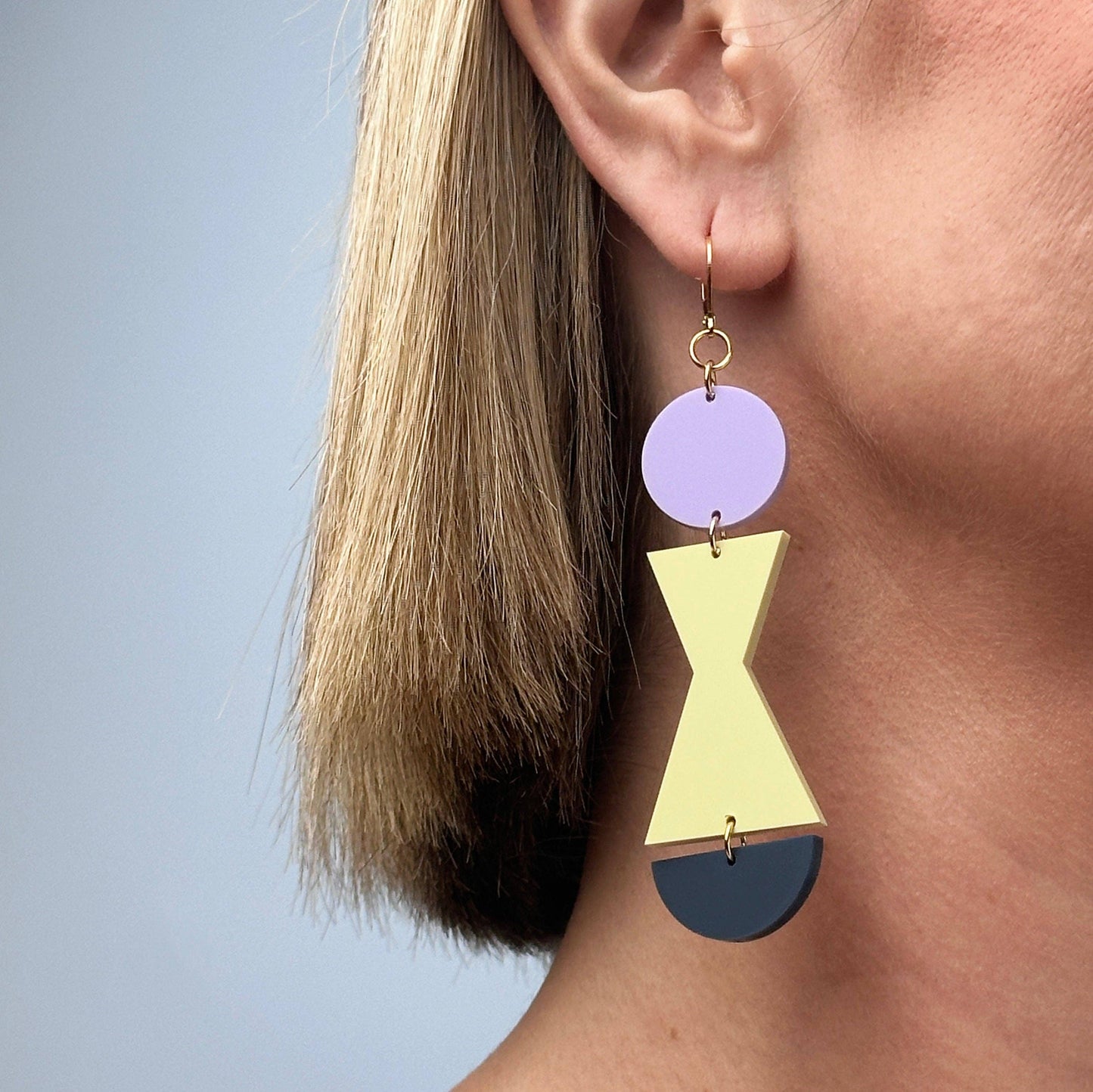 Combinist Goods - Abstract Shape Dangle Earrings: Frost Cobalt Blue + Dark Green + Hot Pink / Gold