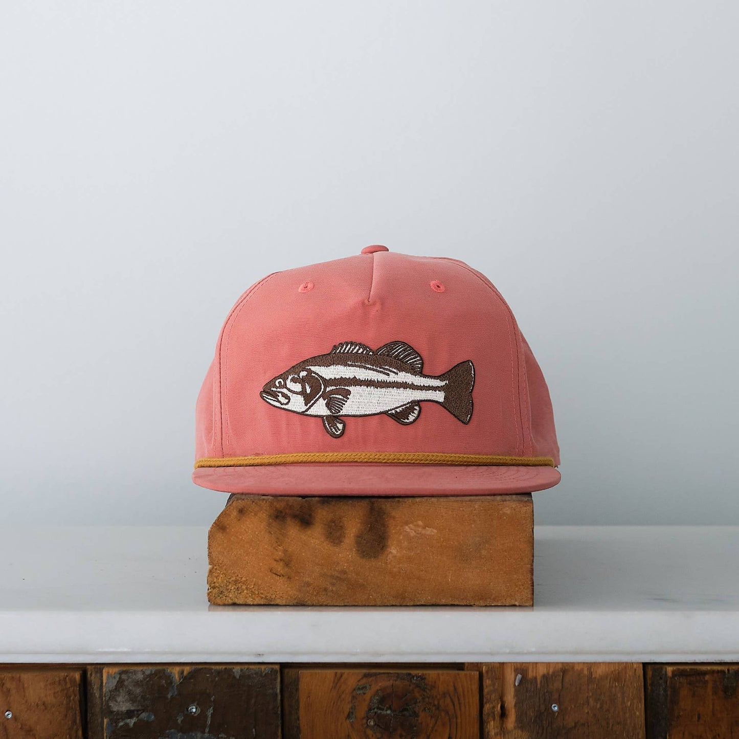 Vital Industries - Bass Fish Patch Snap back cap, Khaki Salmon - PMA Store at the Portland Museum of Art, Maine