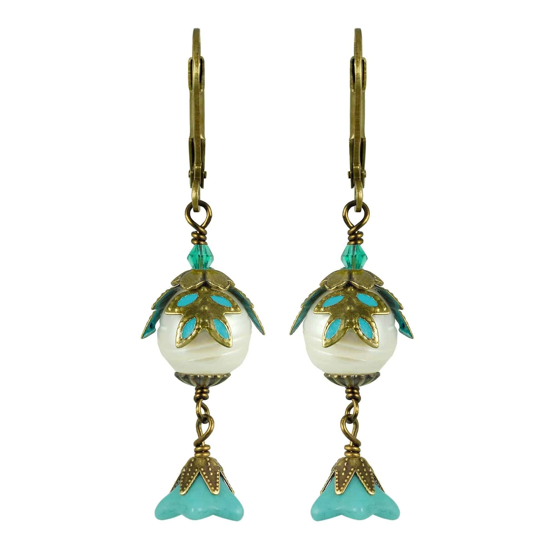 NoMonet - Fairyland: Pearl & Flower Crystal Hand-Painted Drop Earrings: Gold And Black - PMA Store at the Portland Museum of Art, Maine