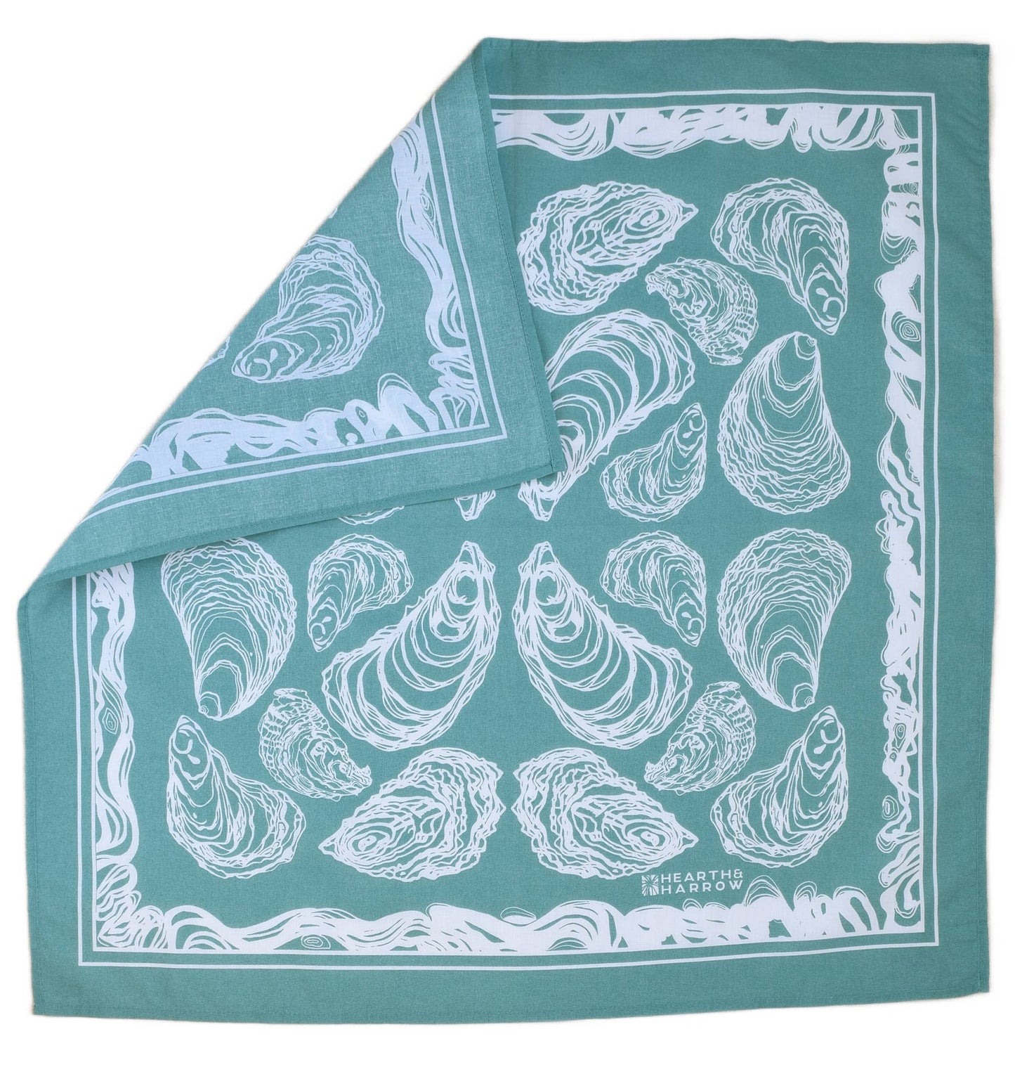 Hearth and Harrow - Oyster Bandana - 100% Cotton - Hand Printed - Green Teal - PMA Store at the Portland Museum of Art, Maine