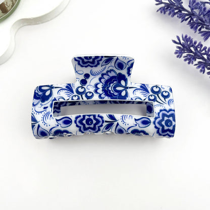 mildstyles - 🏺 Blue & White Porcelain Hair Claw – Cutout Rectangle Clip: A