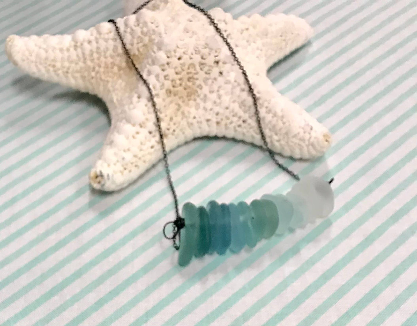 Cyn Elizabeth Studios - The Sea Bar- Sea Glass Statement Necklace: Carded on white cardstock - PMA Store at the Portland Museum of Art, Maine
