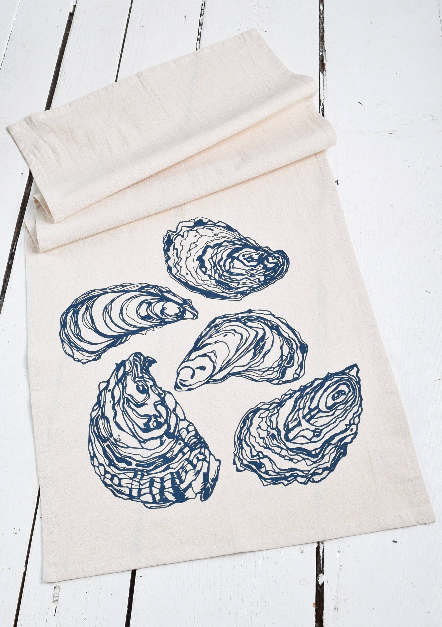 Hearth and Harrow - Oyster Tea Towel in Navy Blue - Organic Cotton - Sea Shell - PMA Store at the Portland Museum of Art, Maine